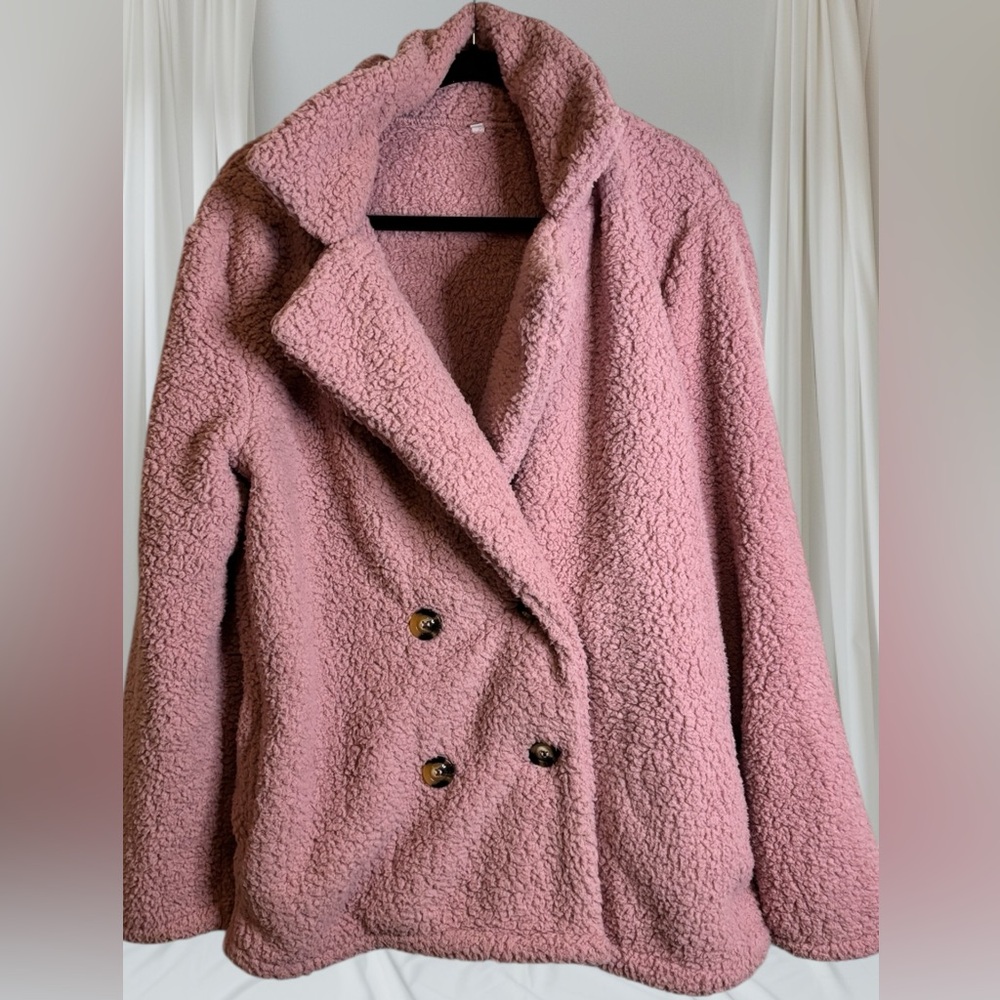 WOMEN’S PINK FAUX SHERPA TEDDY BEAR DOUBLE BREASTED JACKET!!  NEW NEVER W/O TAGS